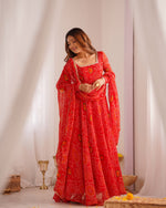 Thumbnail for Lorenvalley Women Soft Lightweight Chiffon Bandhej Print Fabric Anarkali Kurta Pant With Dupatta Set - Distacart
