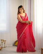 Thumbnail for Lorenvalley Ready to wear Crush Tissue Silk Fabric Fancy Boarder Premium Lace Work Predrapped Saree - Red