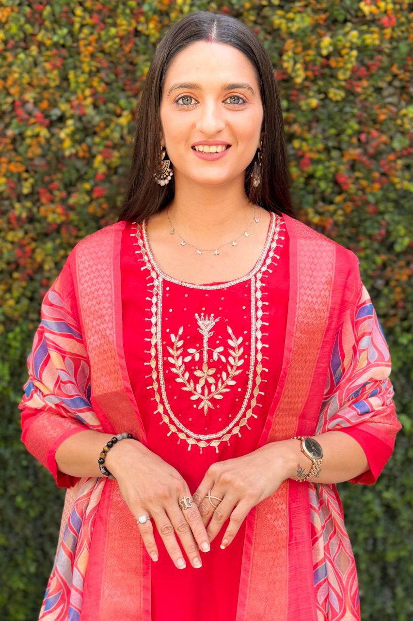 Lorenvalley Fashion Red Roman Silk Hand Work Kurta Pant with Dupatta