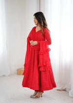 Thumbnail for Lorenvalley Fashion Red Faux Georgette Lukhnowi Sequence Work Anarkali Kurta Pant With Dupatta Set