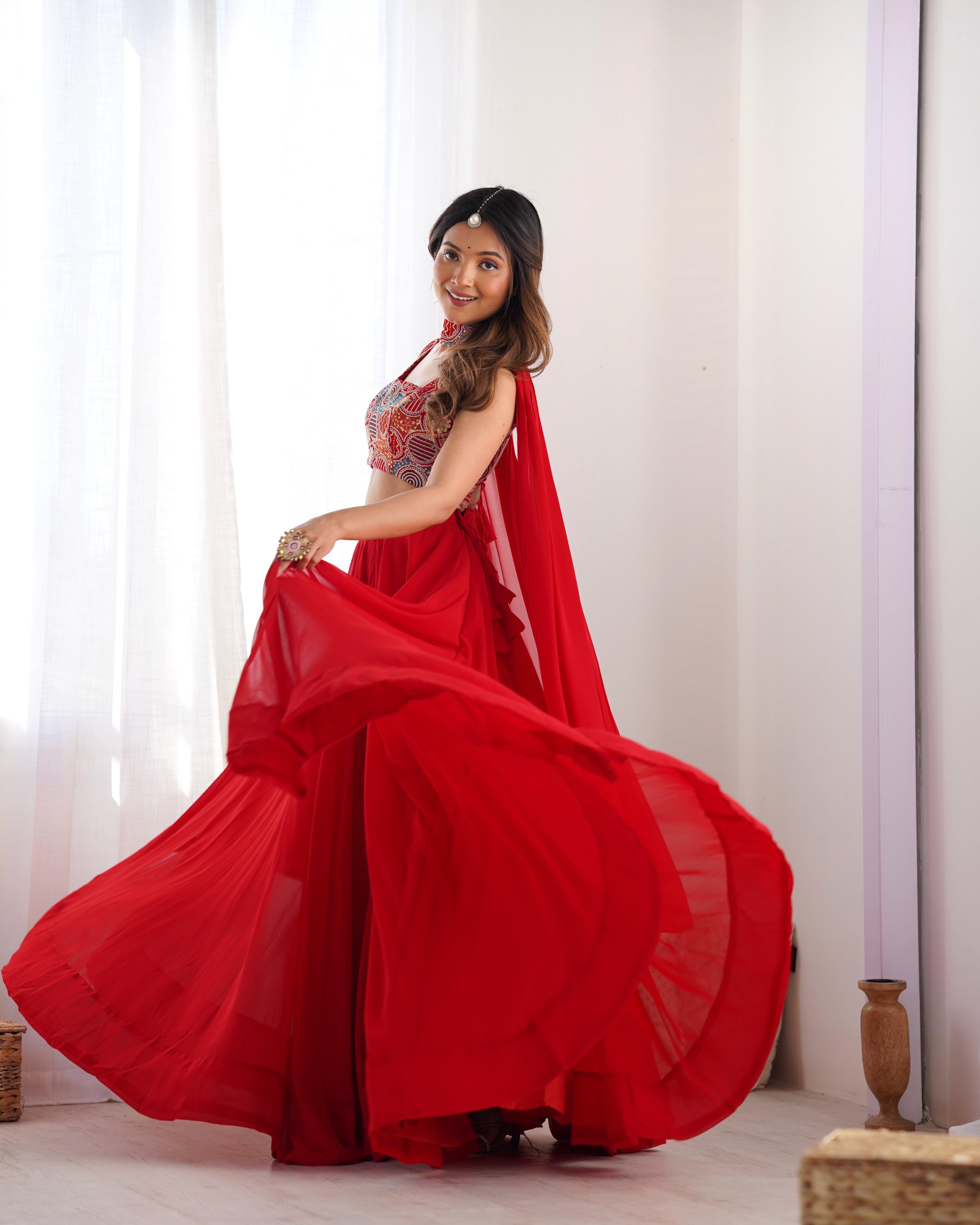 Lorenvalley Red Faux Georgette Stitched Lehenga Embroidery Blouse with Dupatta - Distacart