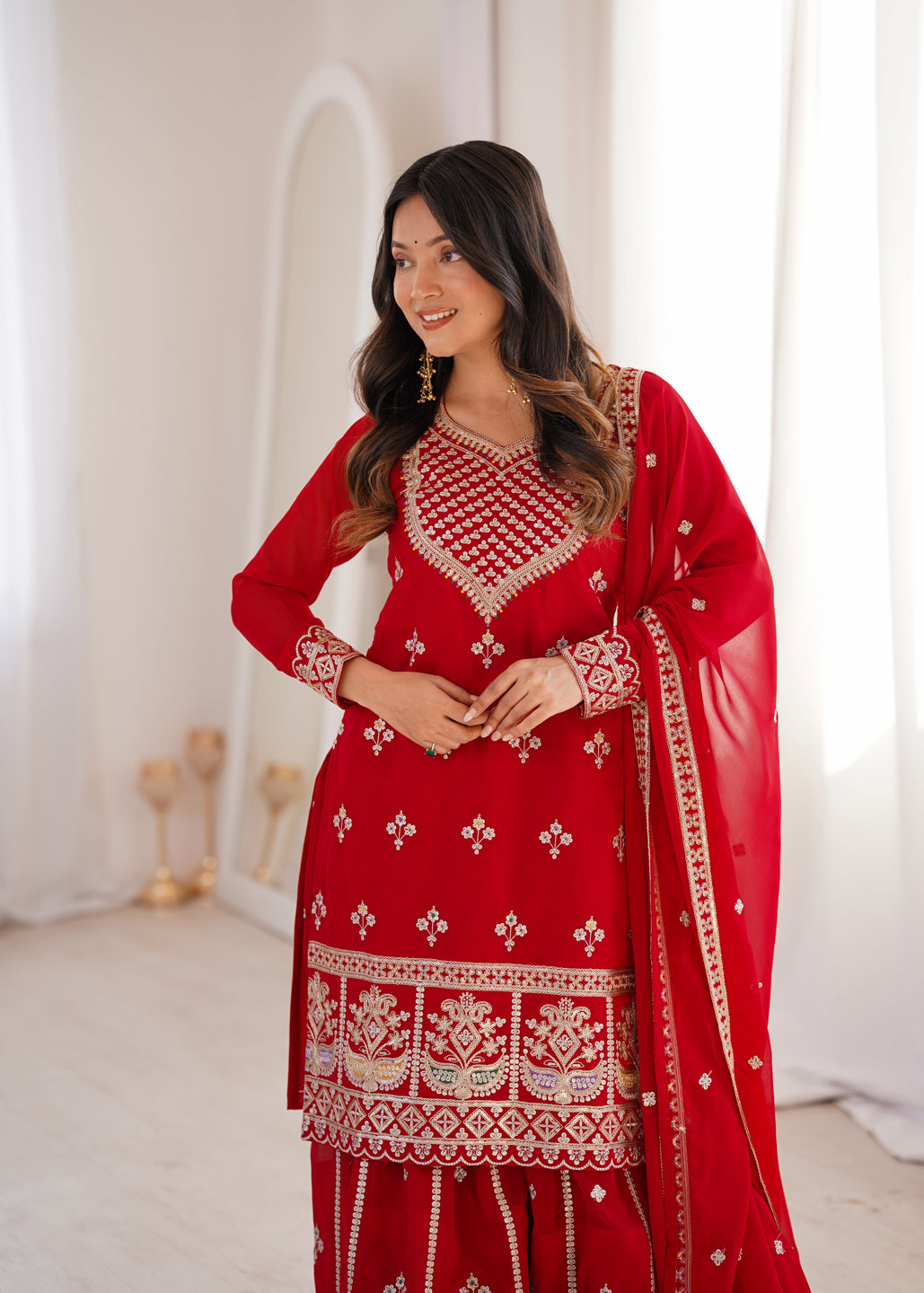 Evanik Red Faux Georgette Embroidery Dori, Sequence And Thread Work Kurta Palazzo With Dupatta - Dista