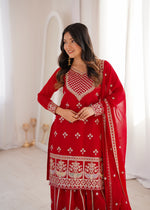 Thumbnail for Evanik Red Faux Georgette Embroidery Dori, Sequence And Thread Work Kurta Palazzo With Dupatta - Dista