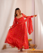 Thumbnail for Lorenvalley Women Soft Lightweight Chiffon Bandhej Print Fabric Anarkali Kurta Pant With Dupatta Set - Distacart