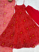 Thumbnail for Lorenvalley Fashion Red Soft Chiffon Bandhej Fabric Print Fully Flair Anarkali With Pant Dupatta Set - Distacart