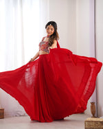Thumbnail for Lorenvalley Red Faux Georgette Stitched Lehenga Embroidery Blouse with Dupatta - Distacart
