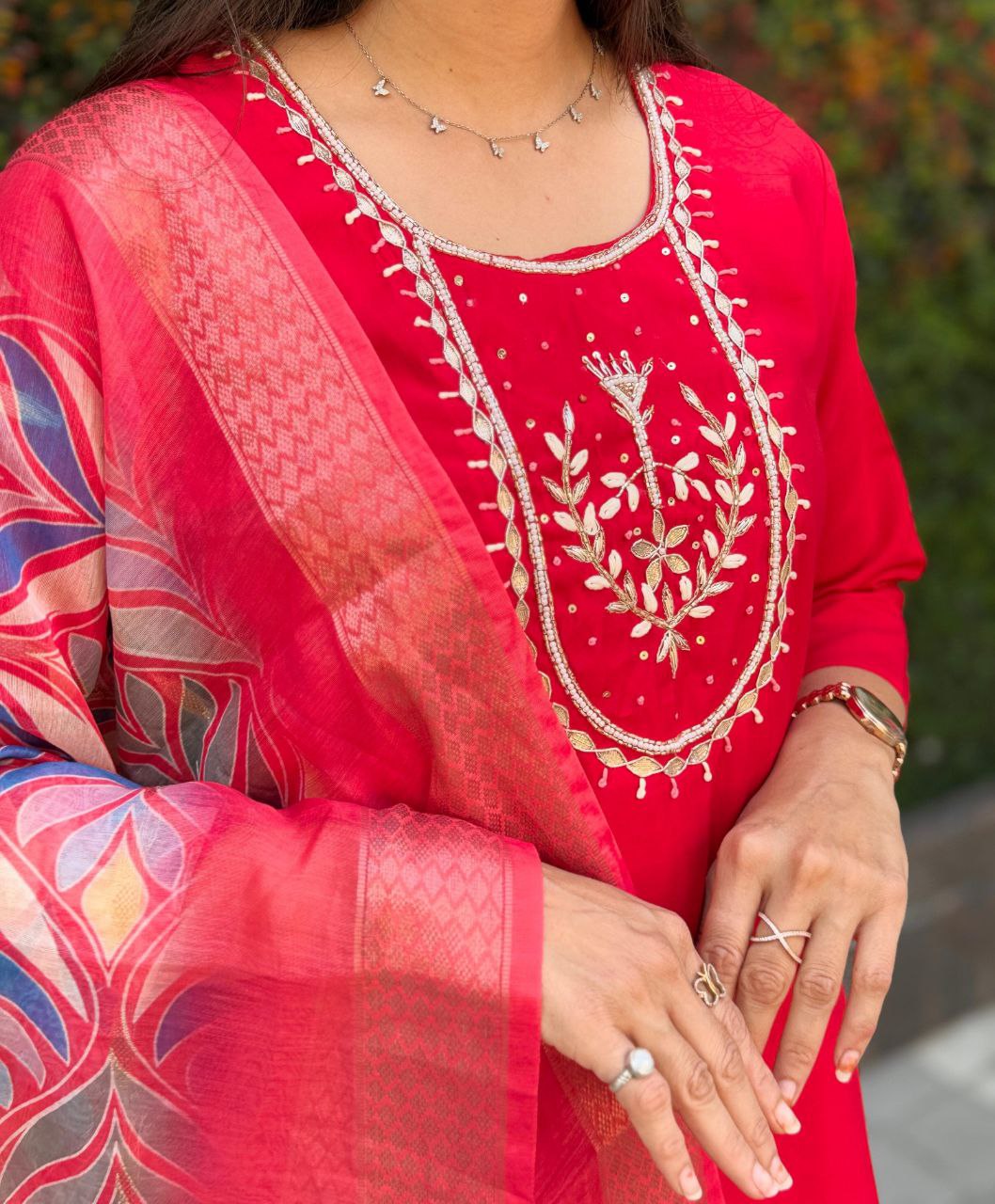 Lorenvalley Fashion Red Roman Silk Hand Work Kurta Pant with Dupatta