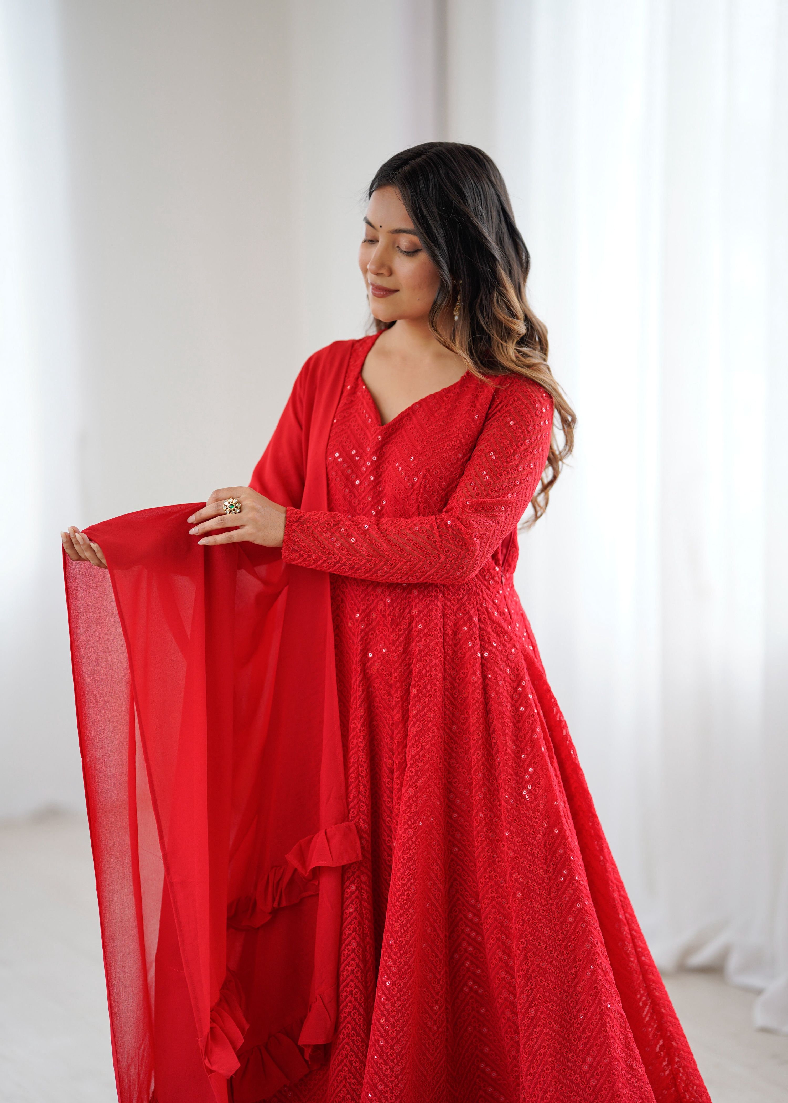 Lorenvalley Fashion Red Faux Georgette Lukhnowi Sequence Work Anarkali Kurta Pant With Dupatta Set