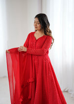 Thumbnail for Lorenvalley Fashion Red Faux Georgette Lukhnowi Sequence Work Anarkali Kurta Pant With Dupatta Set