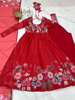 Thumbnail for Lorenvalley Fashion Red Soft Organza Silk With Floral Print Fully Flared Anarkali Pant With Dupatta Set - Distacart