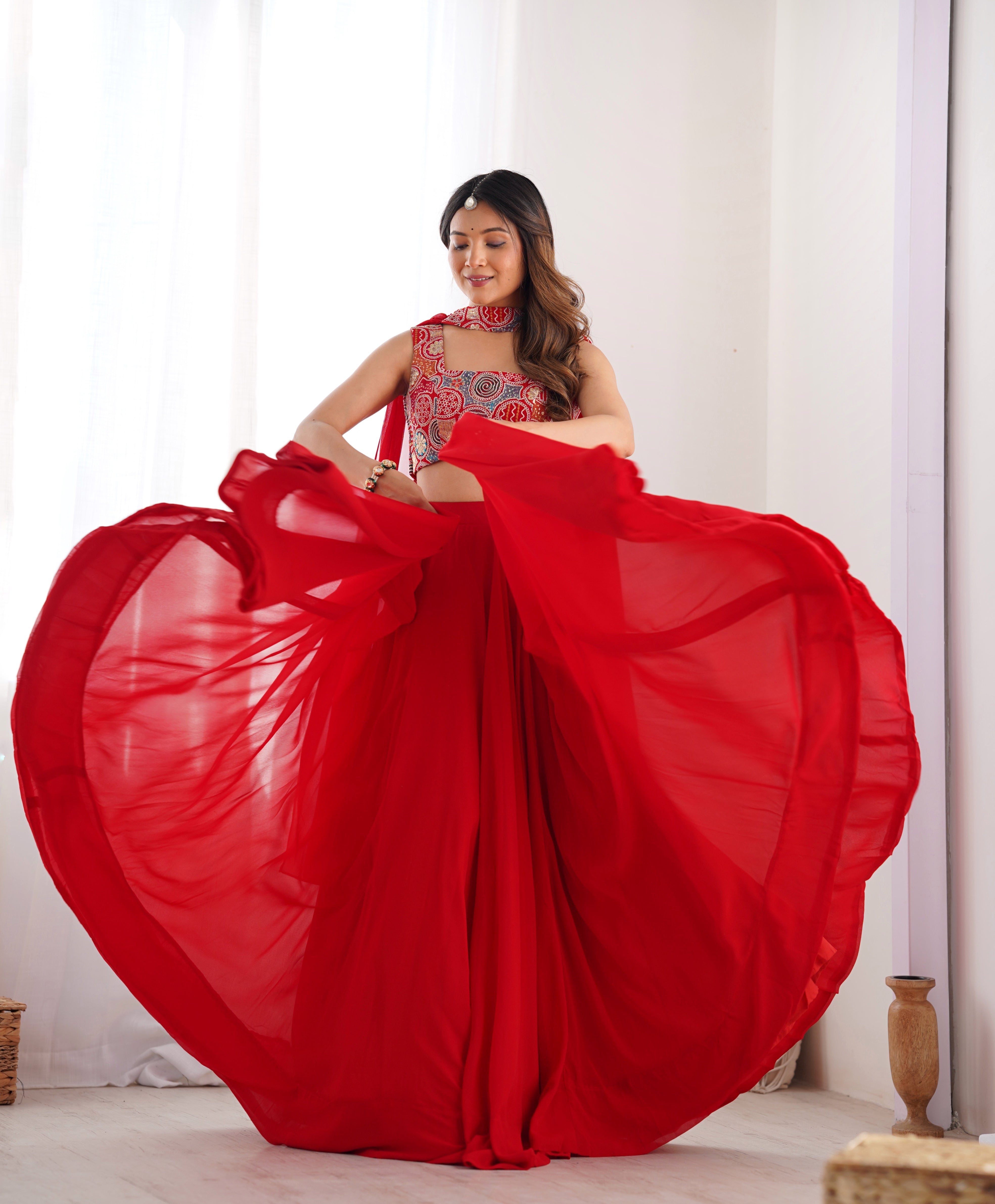 Lorenvalley Red Faux Georgette Stitched Lehenga Embroidery Blouse with Dupatta - Distacart