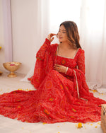 Thumbnail for Lorenvalley Women Soft Lightweight Chiffon Bandhej Print Fabric Anarkali Kurta Pant With Dupatta Set - Distacart