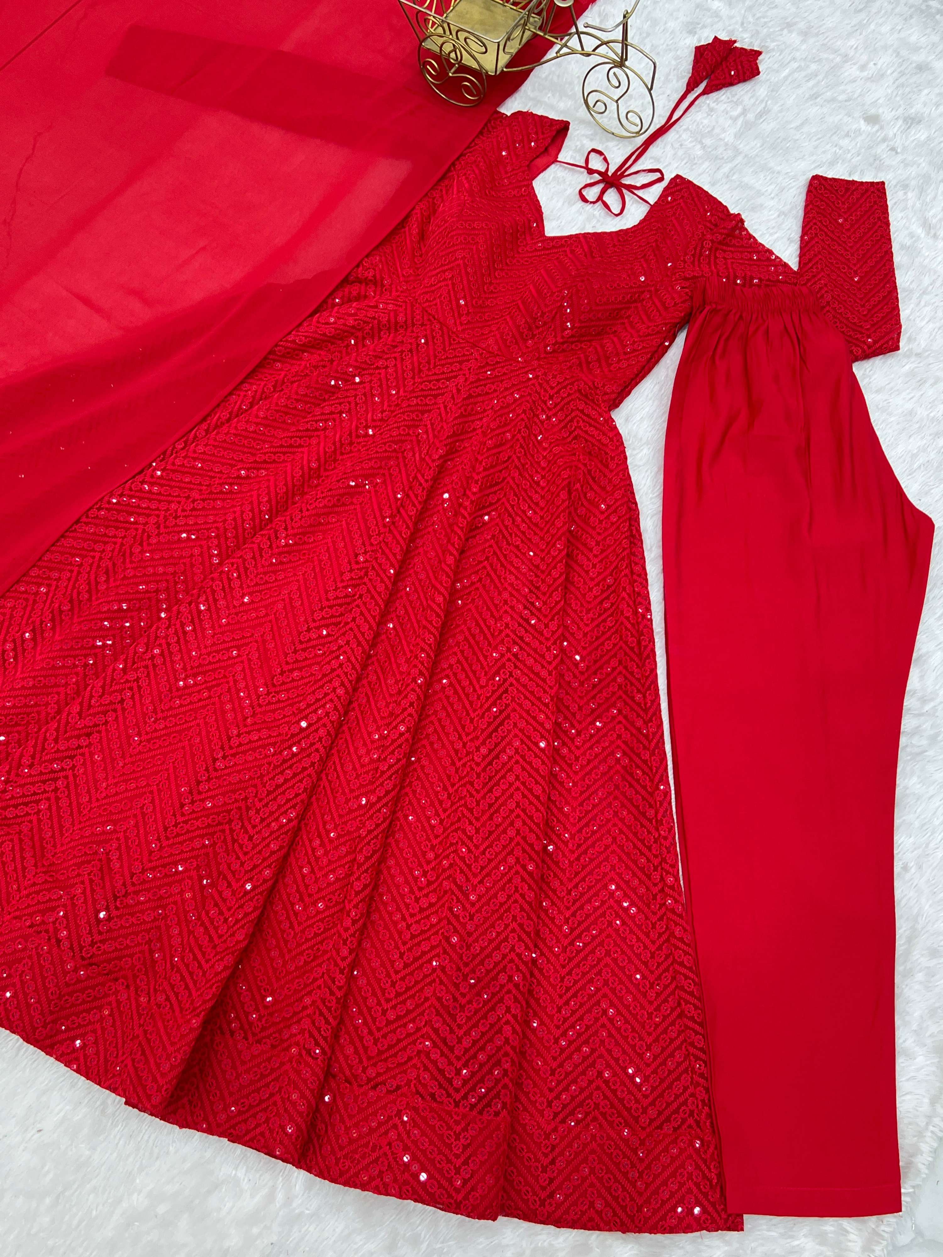 Lorenvalley Fashion Red Faux Georgette Lukhnowi Sequence Work Anarkali Kurta Pant With Dupatta Set