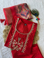 Thumbnail for Lorenvalley Fashion Red Roman Silk Hand Work Kurta Pant with Dupatta