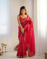 Thumbnail for Lorenvalley Ready to wear Crush Tissue Silk Fabric Fancy Boarder Premium Lace Work Predrapped Saree - Red