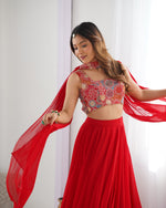 Thumbnail for Lorenvalley Red Faux Georgette Stitched Lehenga Embroidery Blouse with Dupatta - Distacart