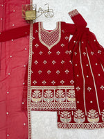 Thumbnail for Evanik Red Faux Georgette Embroidery Dori, Sequence And Thread Work Kurta Palazzo With Dupatta - Dista