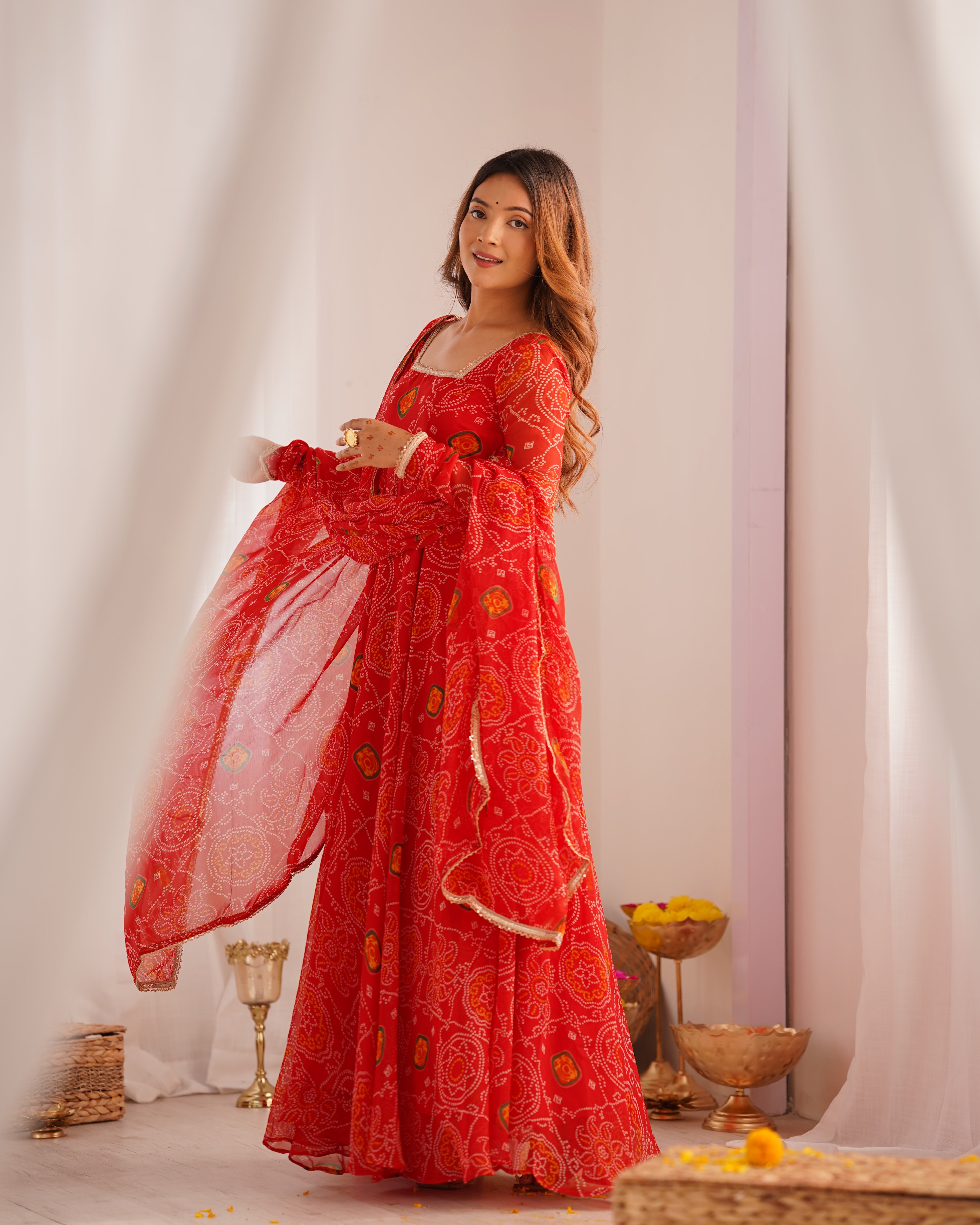 Lorenvalley Women Soft Lightweight Chiffon Bandhej Print Fabric Anarkali Kurta Pant With Dupatta Set - Distacart