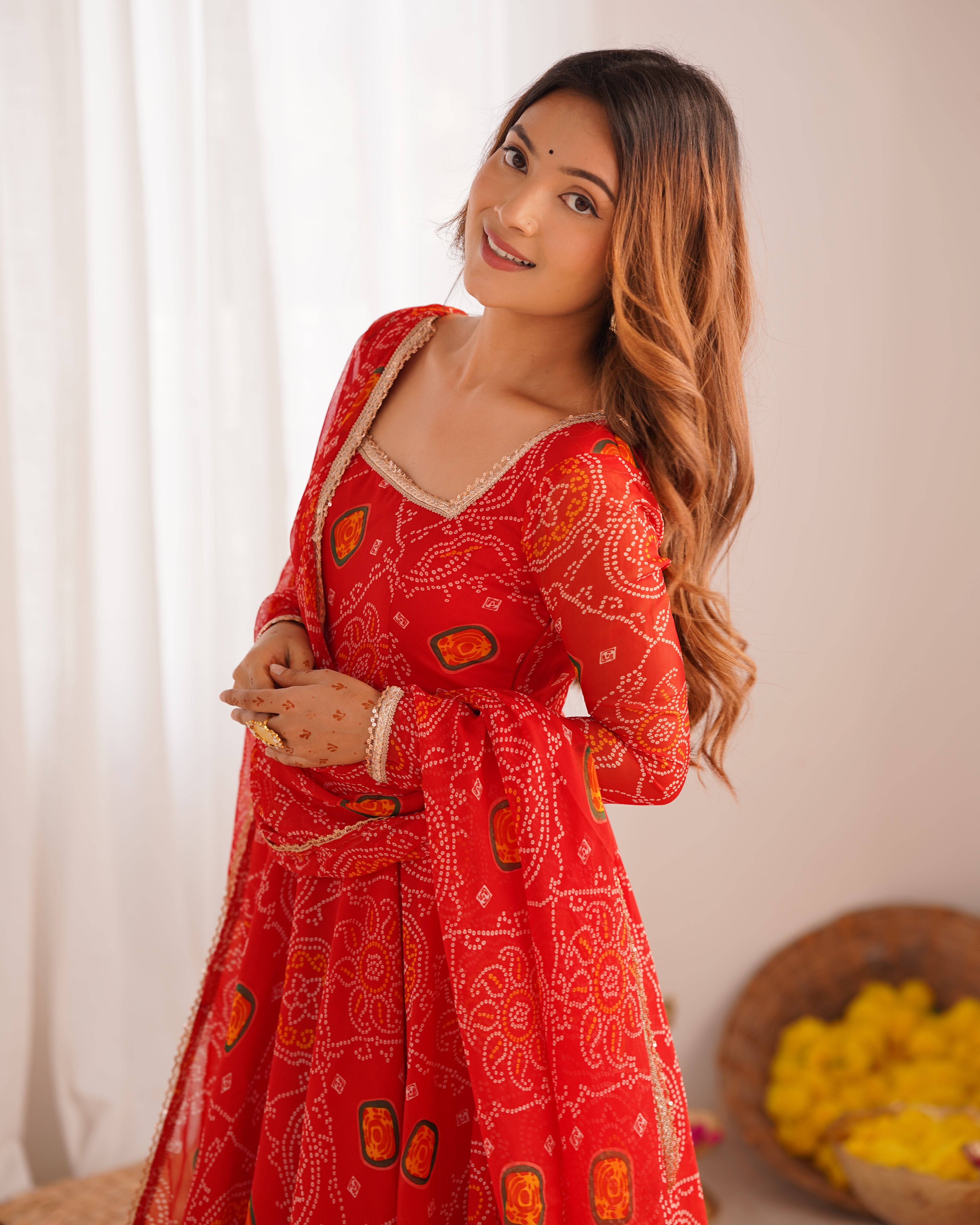 Lorenvalley Women Soft Lightweight Chiffon Bandhej Print Fabric Anarkali Kurta Pant With Dupatta Set - Distacart