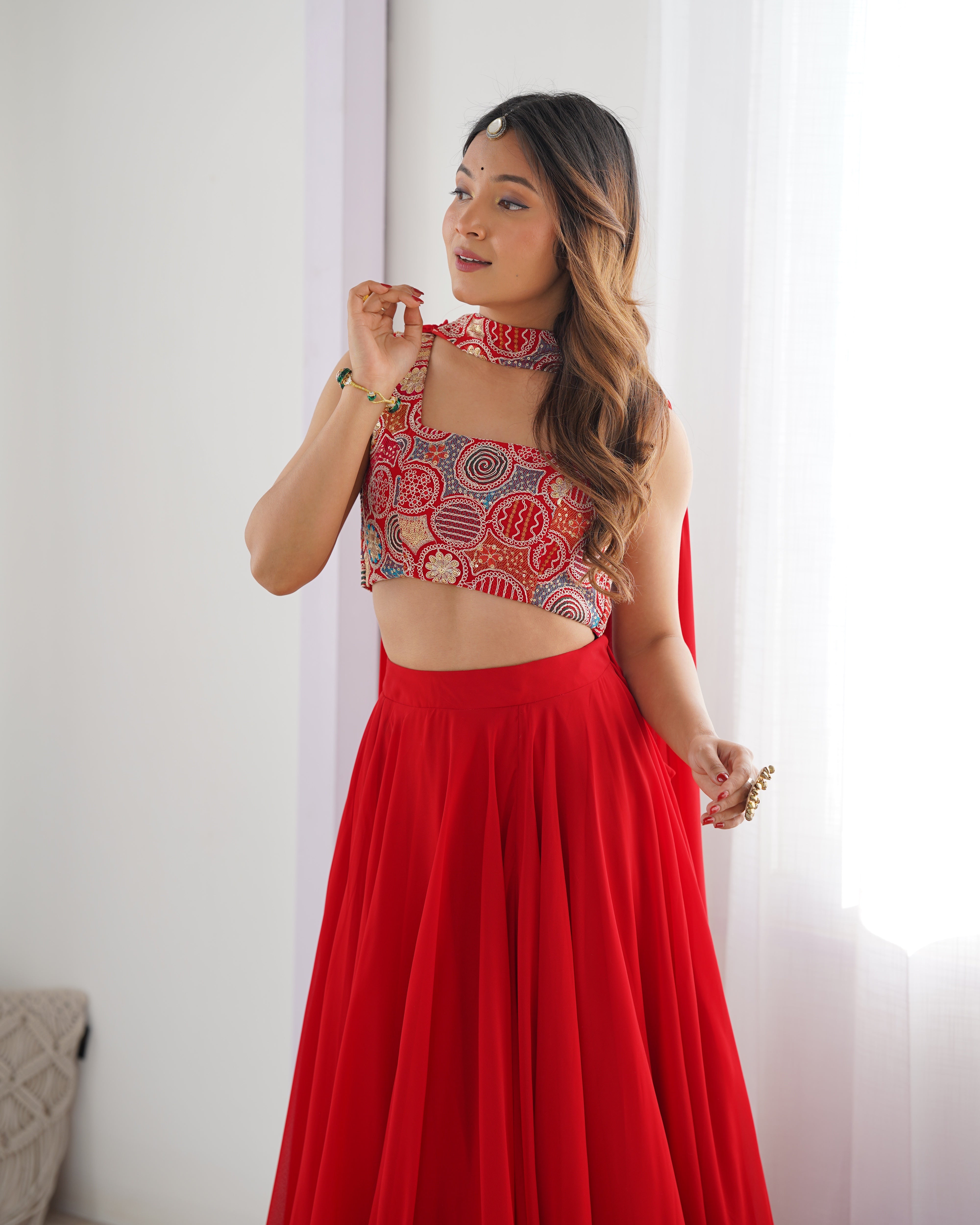 Lorenvalley Red Faux Georgette Stitched Lehenga Embroidery Blouse with Dupatta - Distacart