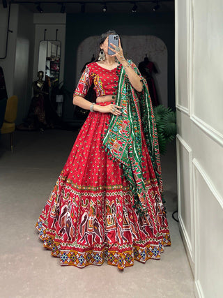 Lorenvalley Red Dola Silk Patola Print With Gamthi Work Lace Border Lehenga Choli with Dupatta - Distacart
