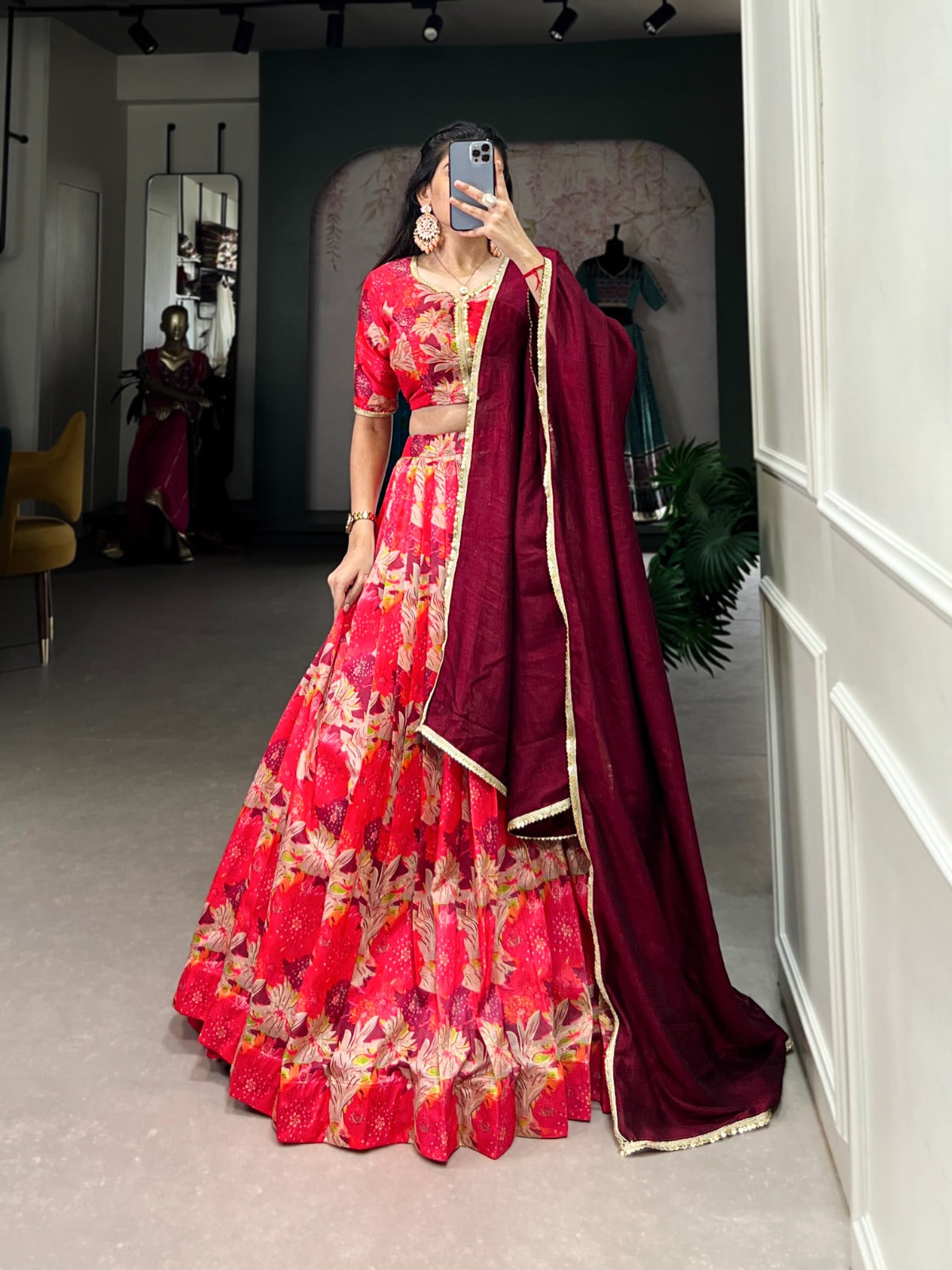 Lorenvalley Red Tussar Silk Printed Lehenga Choli - Distacart