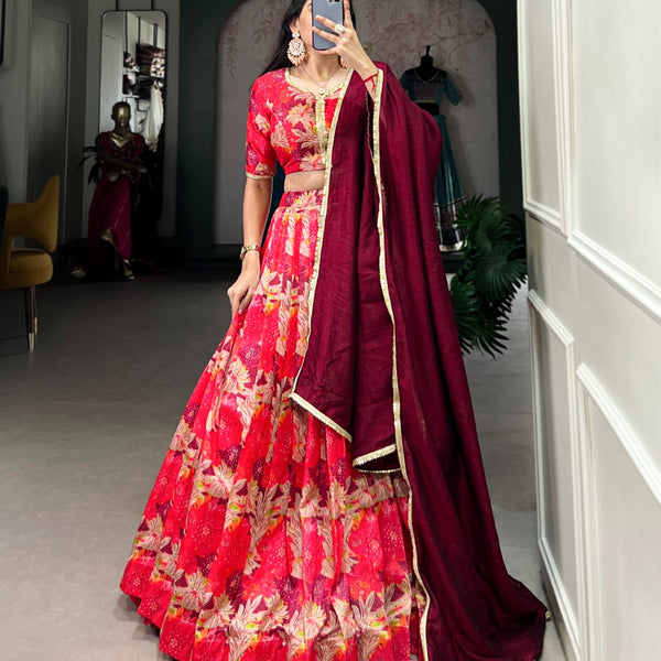 Lorenvalley Red Tussar Silk Printed Lehenga Choli - Distacart