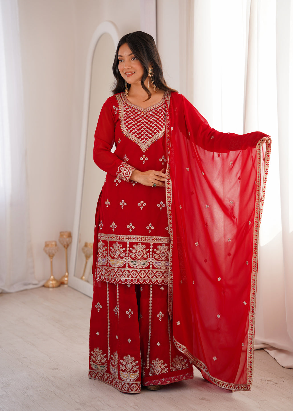Evanik Red Faux Georgette Embroidery Dori, Sequence And Thread Work Kurta Palazzo With Dupatta - Dista