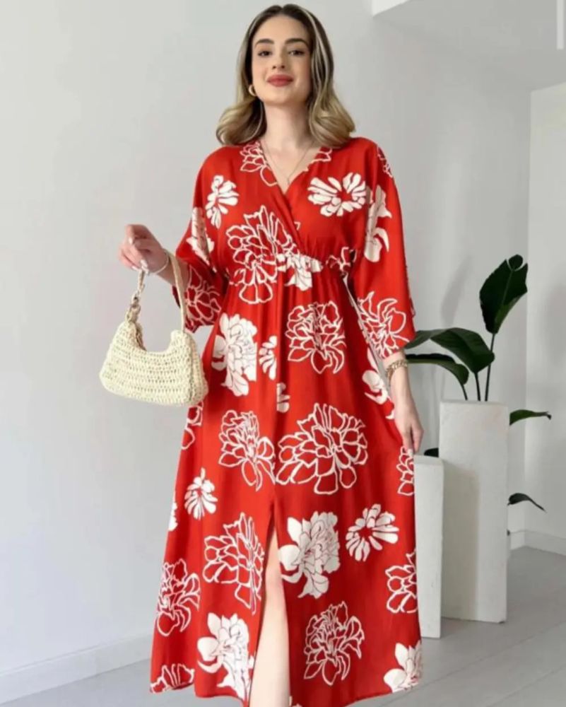 Pimu Front Slit Midi Dresses V-neck Designs For Women Party Wear - Red