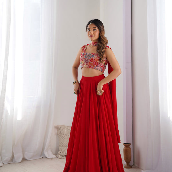 Lorenvalley Red Faux Georgette Stitched Lehenga Embroidery Blouse with Dupatta - Distacart