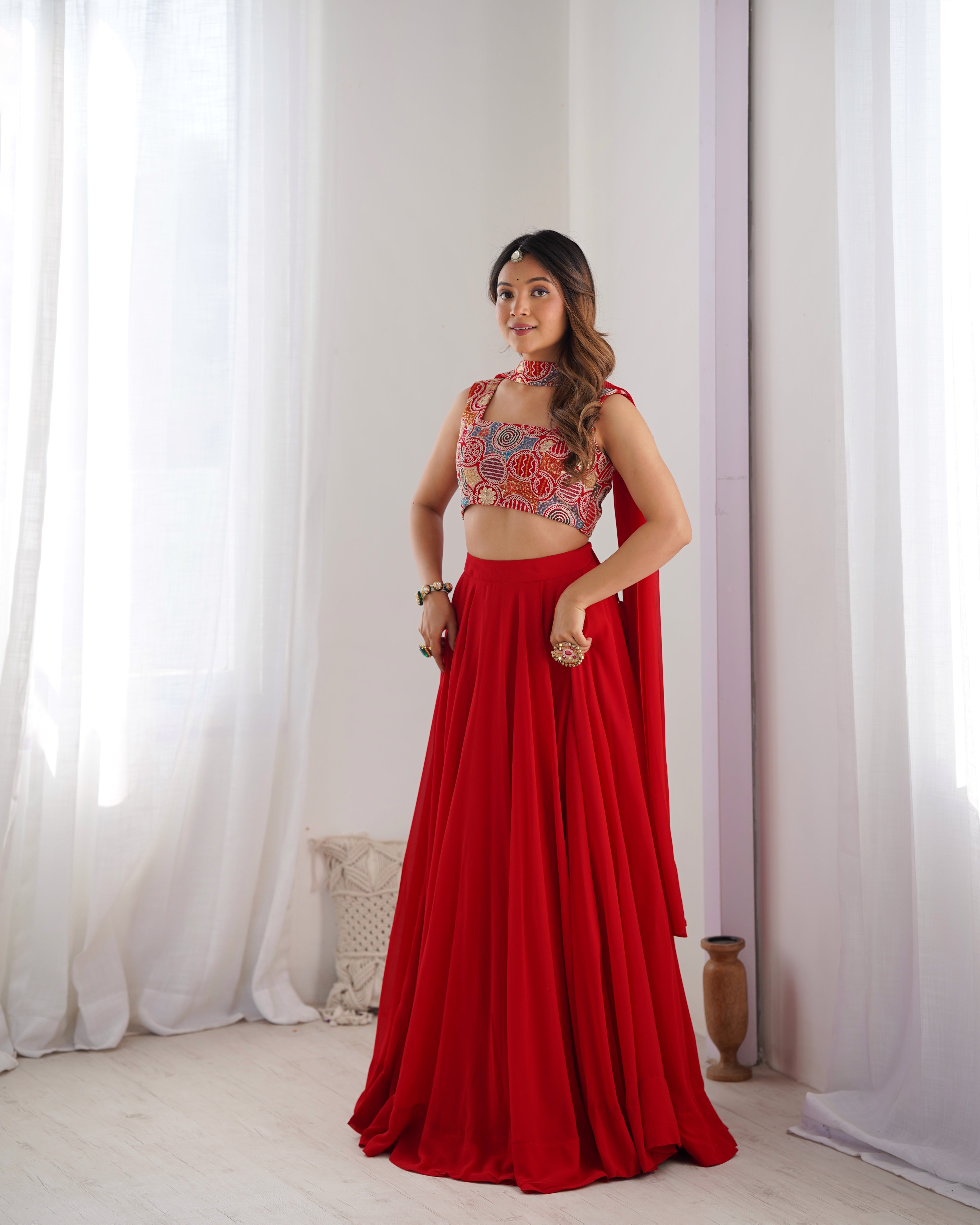 Lorenvalley Red Faux Georgette Stitched Lehenga Embroidery Blouse with Dupatta - Distacart