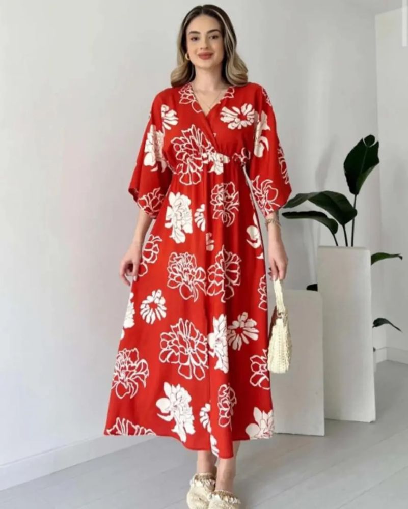 Pimu Front Slit Midi Dresses V-neck Designs For Women Party Wear - Red - Distacart