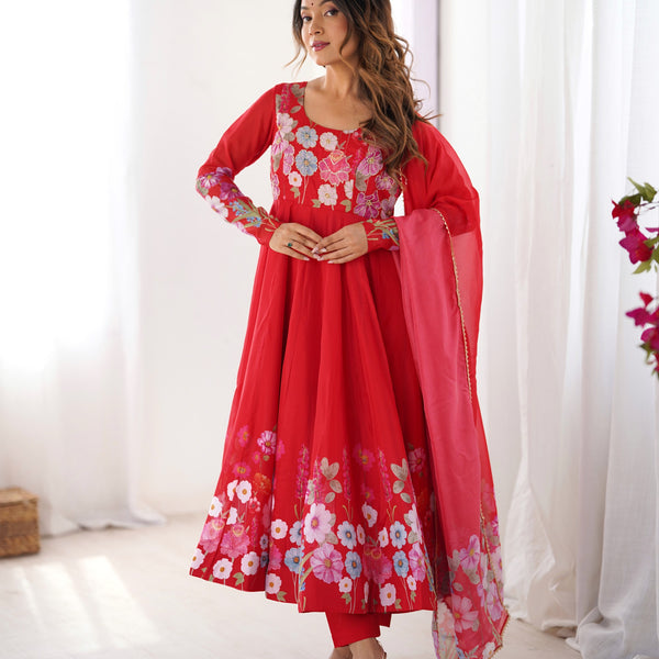 Lorenvalley Fashion Red Soft Organza Silk With Floral Print Fully Flared Anarkali Pant With Dupatta Set - Distacart
