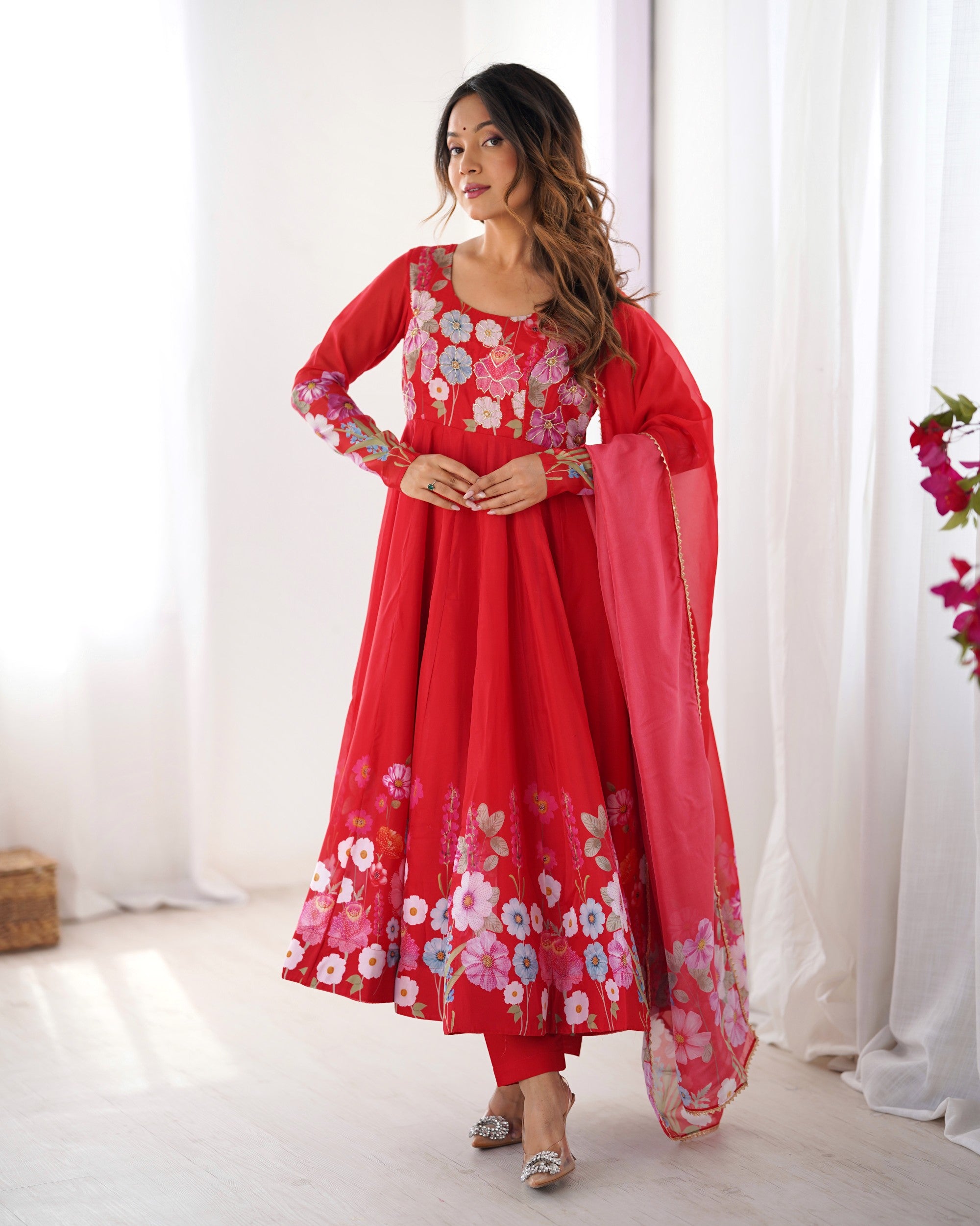 Lorenvalley Fashion Red Soft Organza Silk With Floral Print Fully Flared Anarkali Pant With Dupatta Set