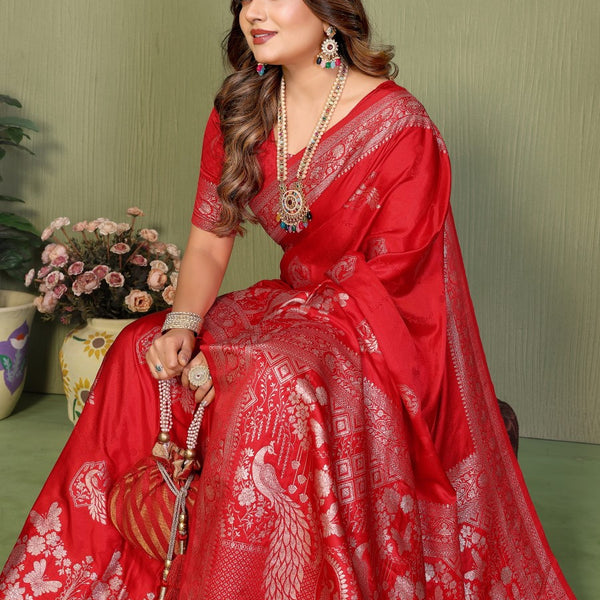 Anaita Red Zari Butta Work Satin Silk Saree With Blouse - Distacart