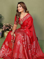 Thumbnail for Anaita Red Zari Butta Work Satin Silk Saree With Blouse - Distacart