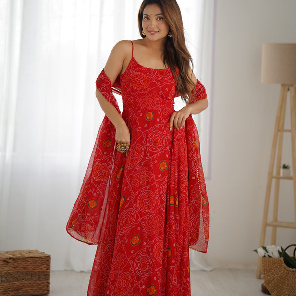 Lorenvalley Fashion Red Soft Chiffon Bandhej Fabric Print Fully Flair Anarkali With Pant Dupatta Set - Distacart