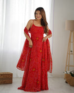 Thumbnail for Lorenvalley Fashion Red Soft Chiffon Bandhej Fabric Print Fully Flair Anarkali With Pant Dupatta Set - Distacart
