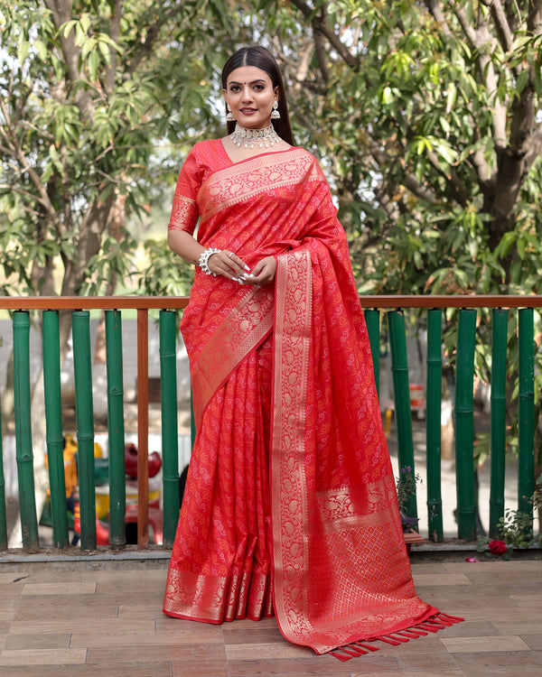 Lorenvalley Premium Bandhej Patola Silk Sarees with kanchi Borders and Contrast Zari Weaving borders Saree - Red - Distacart