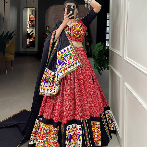 Lorenvalley Red Pure Cotton Lehenga Choli Embellishes With Gamthi Work And Mirror Work Touch Up To Make Everyone Feel The Stories Of Navratri Traditions - Distacart