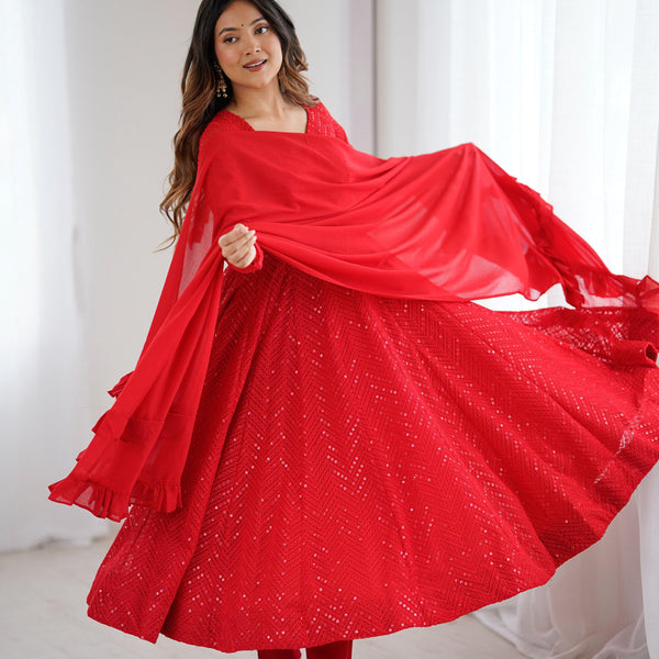 Lorenvalley Fashion Red Faux Georgette Lukhnowi Sequence Work Anarkali Kurta Pant With Dupatta Set - Distacart