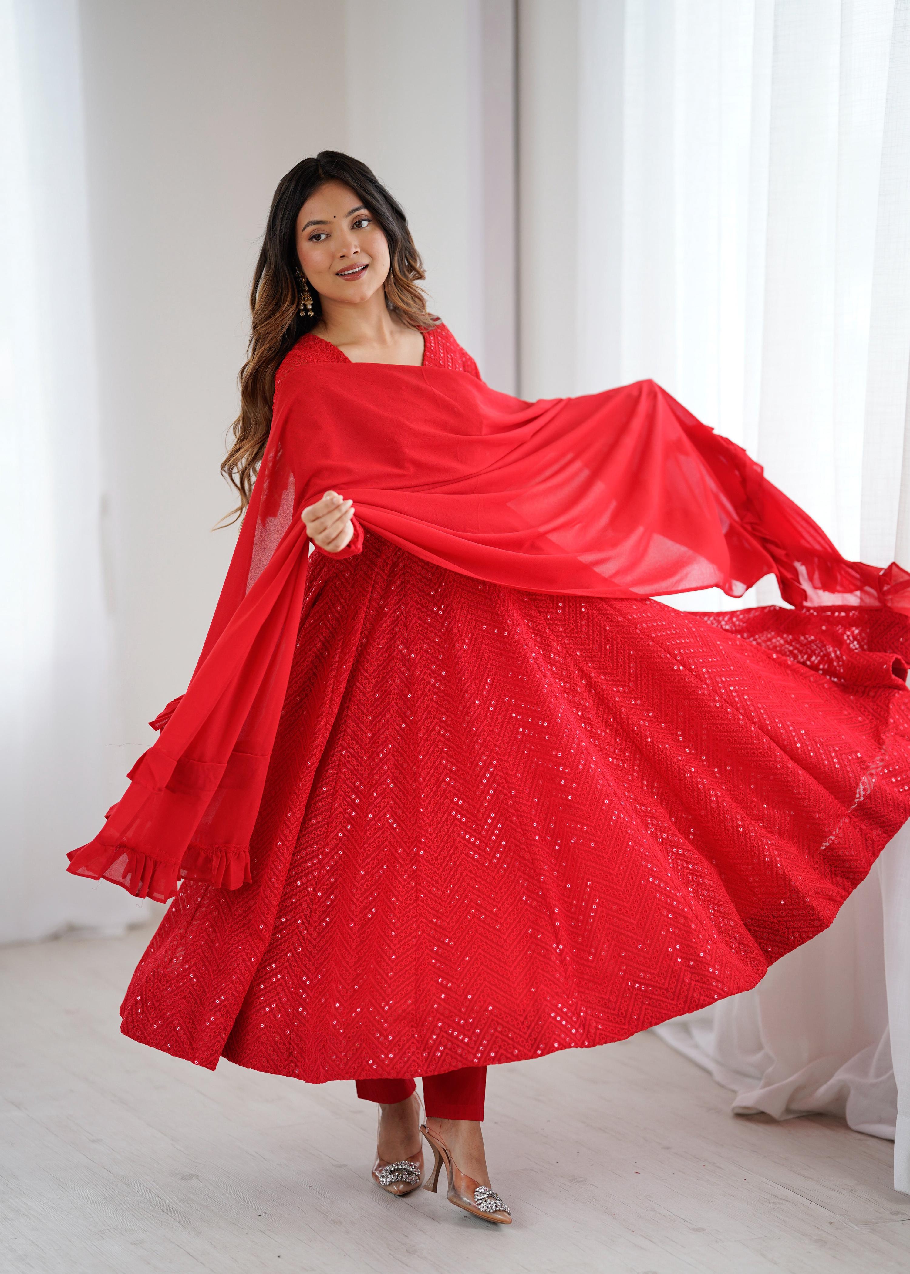 Lorenvalley Fashion Red Faux Georgette Lukhnowi Sequence Work Anarkali Kurta Pant With Dupatta Set - Distacart