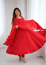 Thumbnail for Lorenvalley Fashion Red Faux Georgette Lukhnowi Sequence Work Anarkali Kurta Pant With Dupatta Set