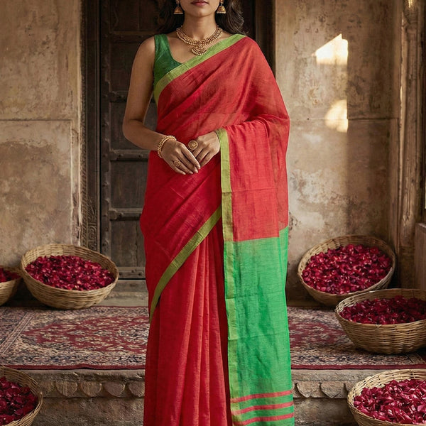 Anaita Red Cotton Printed Saree With Blouse - Distacart