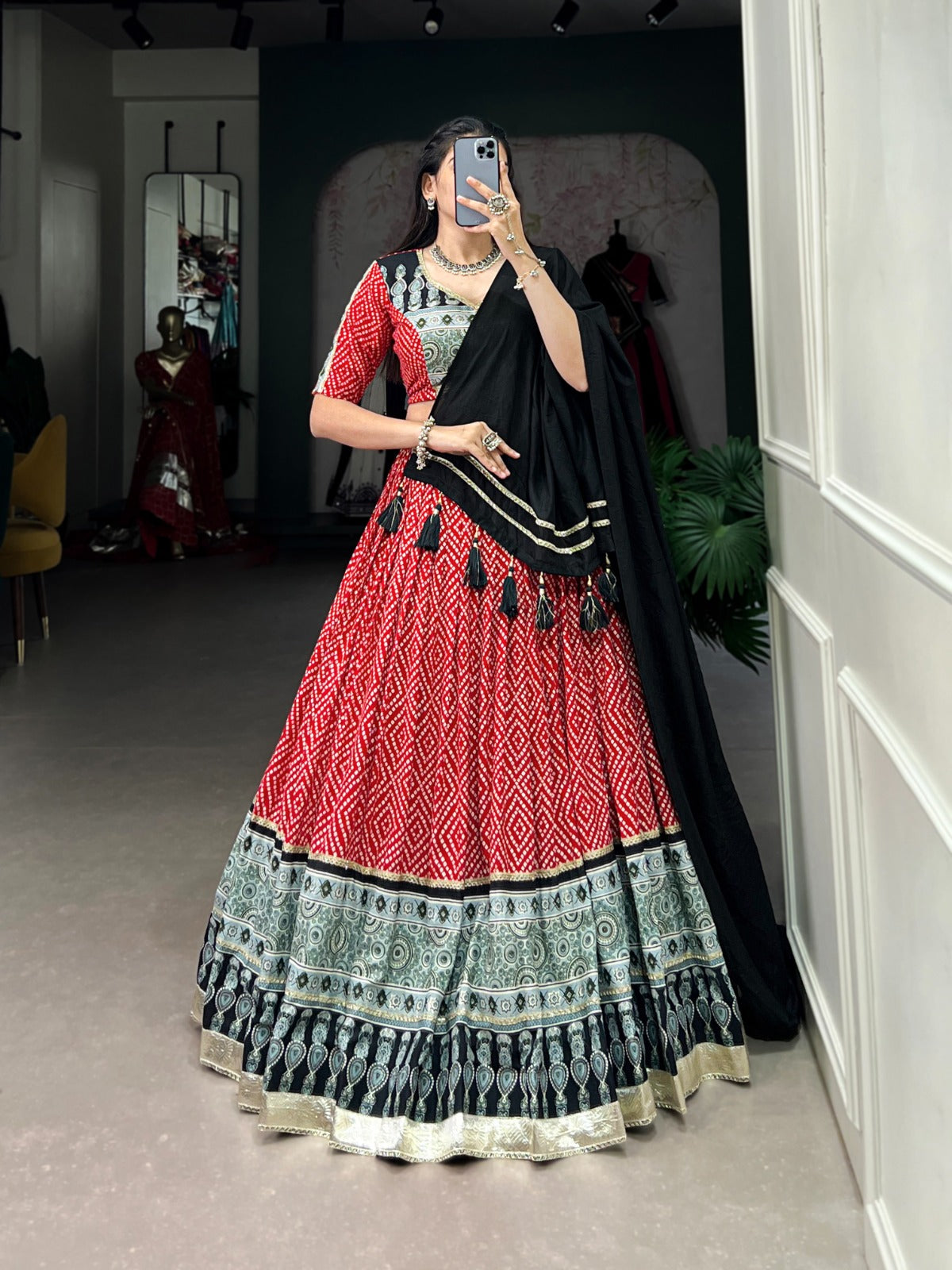 Lorenvalley Red Rayon with Bandhej And Ajarakh Print With Embossed Design Gota Lace Touch up Lehenga Choli - Distacart