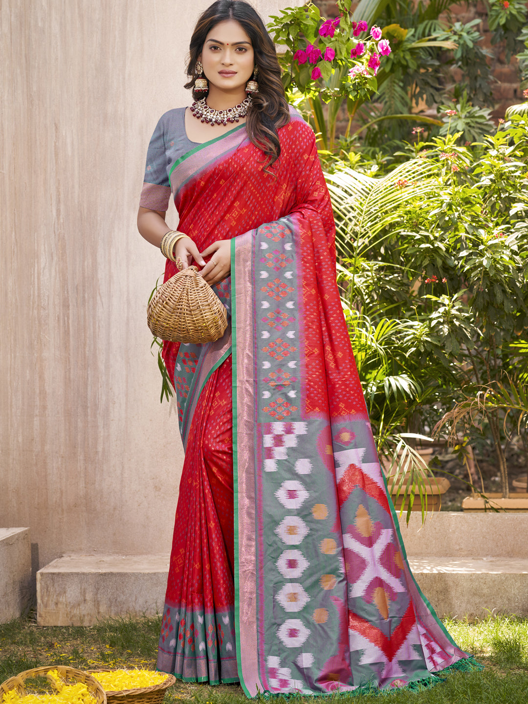 Anaita Red Pochampally Silk Saree With Floral Printed Work With Blouse - Distacart