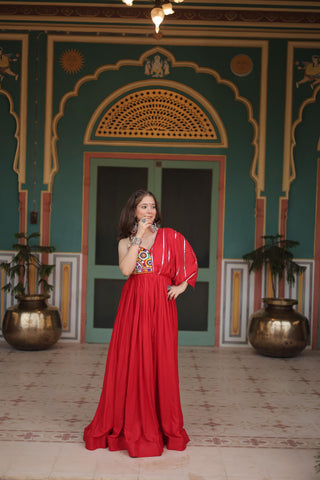 Lorenvalley Red Rayon Fabric with Designer Lace Gown - Distacart