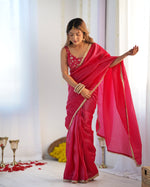 Thumbnail for Lorenvalley Ready to wear Crush Tissue Silk Fabric Fancy Boarder Premium Lace Work Predrapped Saree - Red
