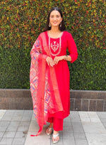 Thumbnail for Lorenvalley Fashion Red Roman Silk Hand Work Kurta Pant with Dupatta
