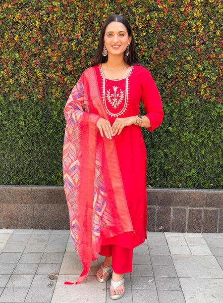 Lorenvalley Fashion Red Roman Silk Hand Work Kurta Pant with Dupatta